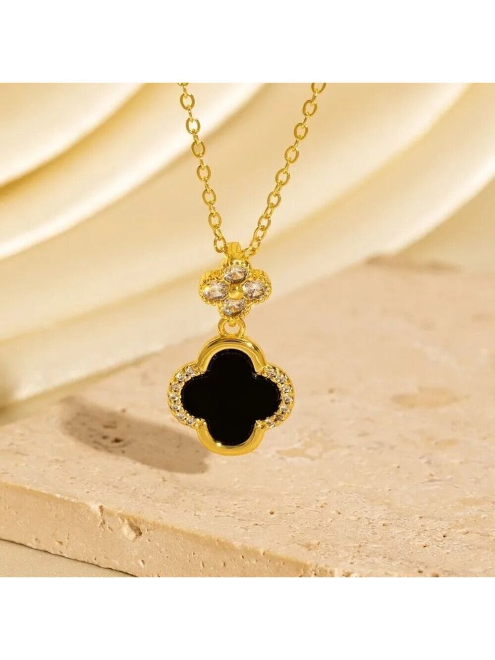 18K Gold Plated Black Quatrefoil Clover Pendant Necklace